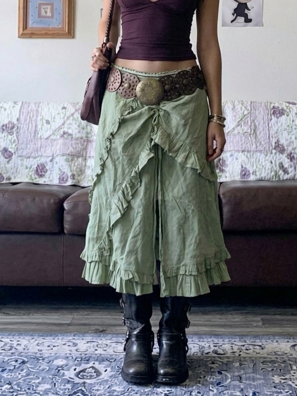 Free People Fairycore Cottagecore Olive Green Ruffle Skirt Size 4